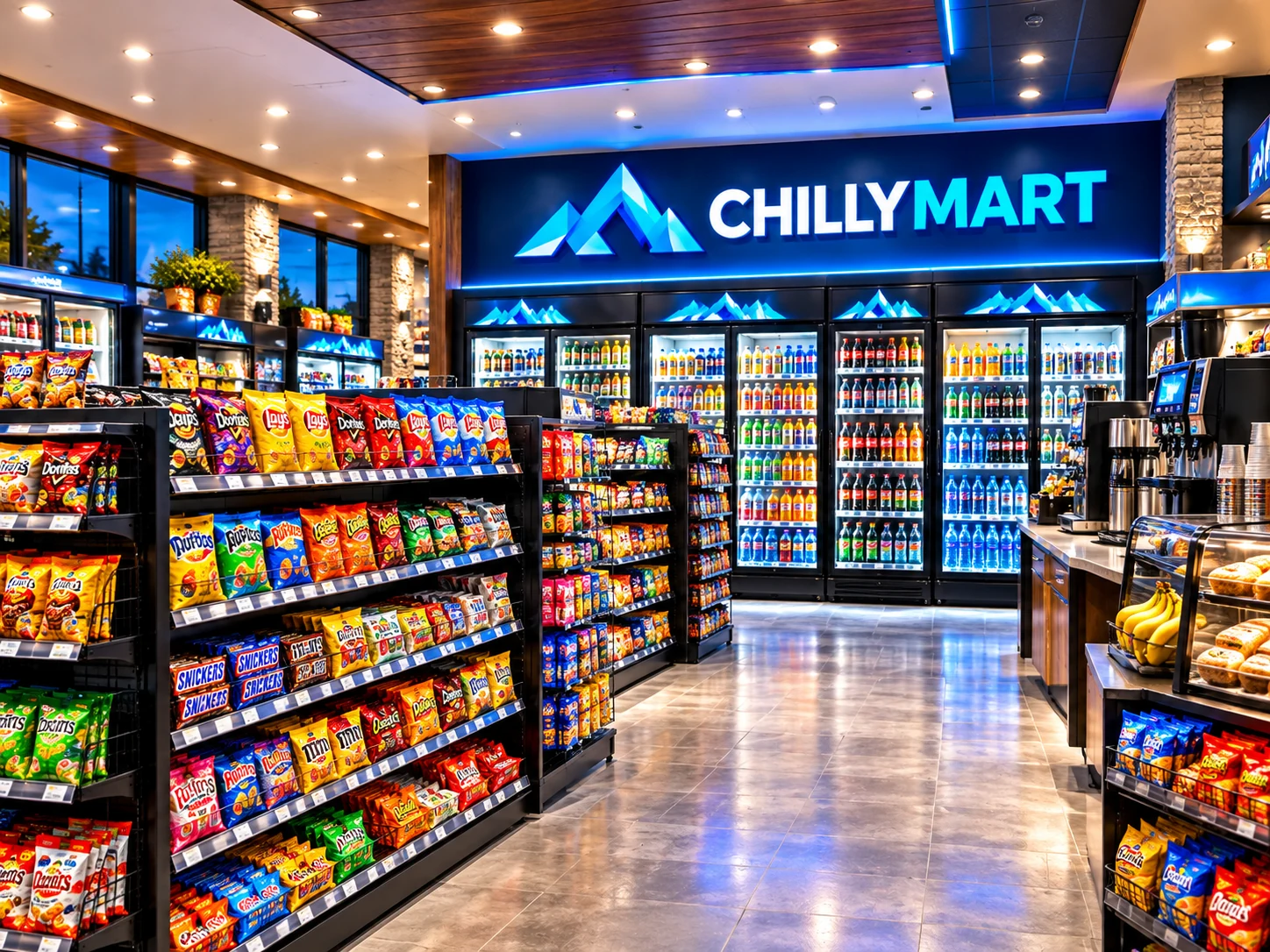 Snack shelves inside a convenience store
